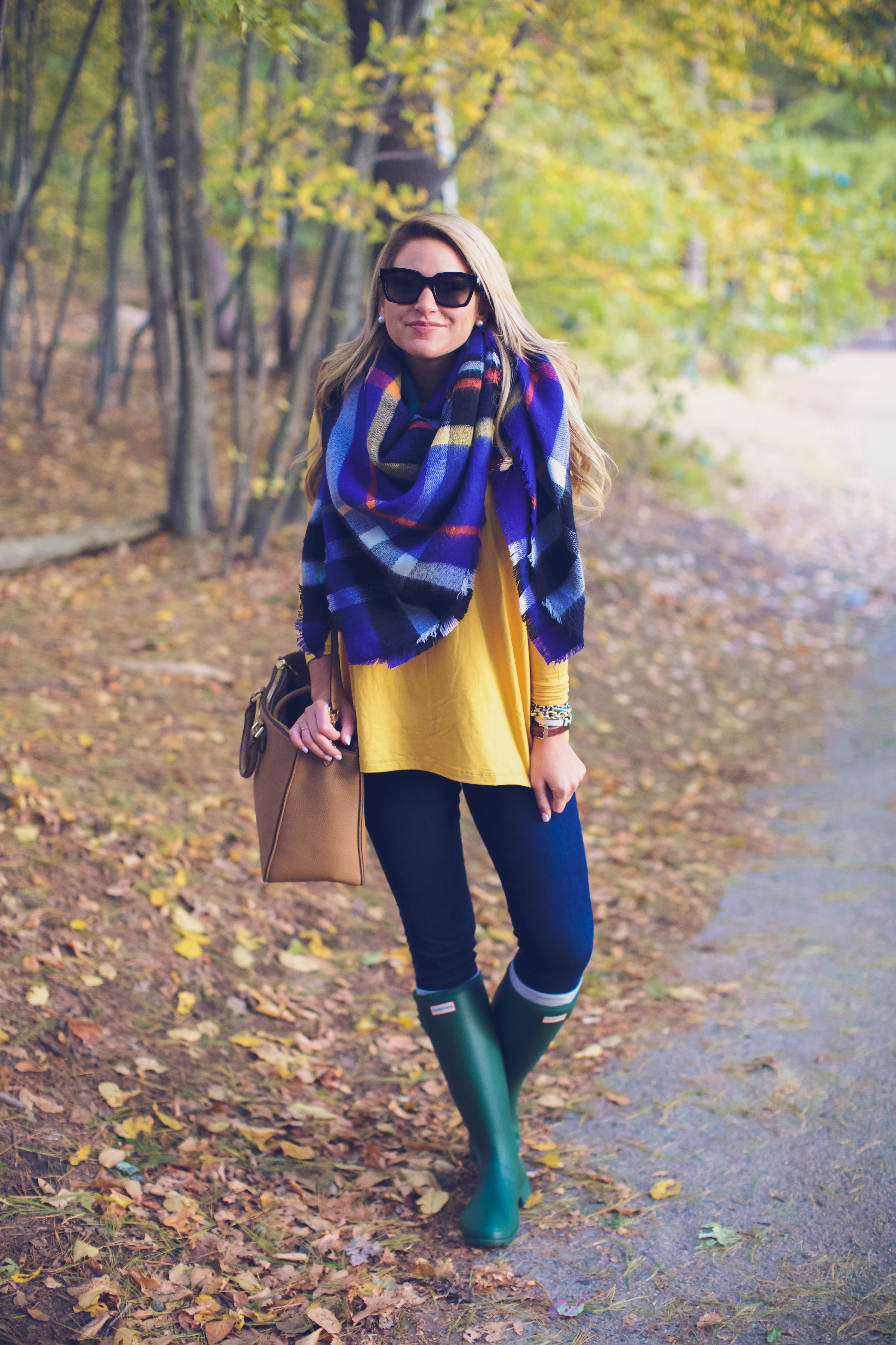 Sweater Dress and Blanket Scarf and Hunter Boots