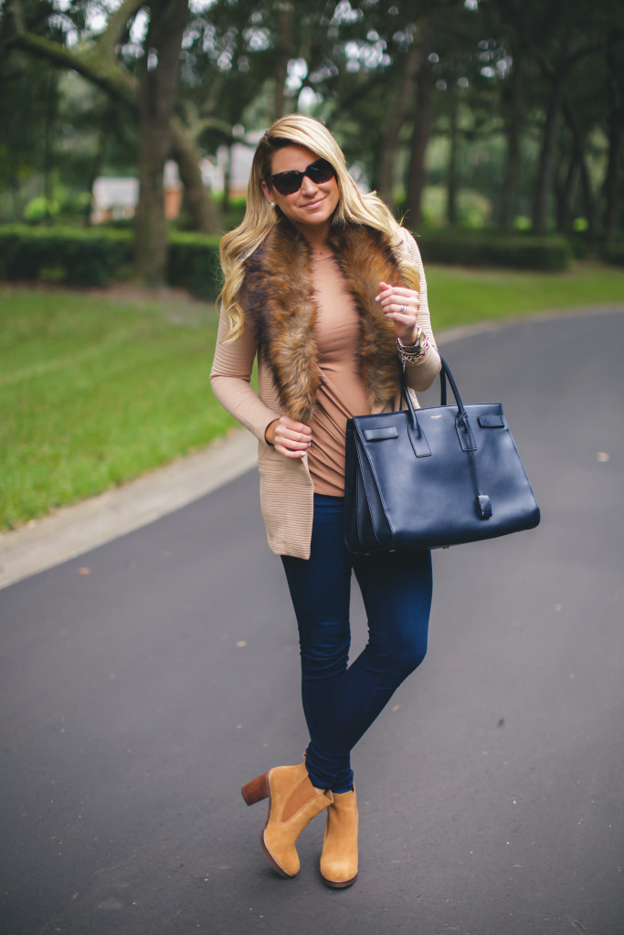 River Island Fur Coat with Saint Laurent Bag and Tan Booties-2