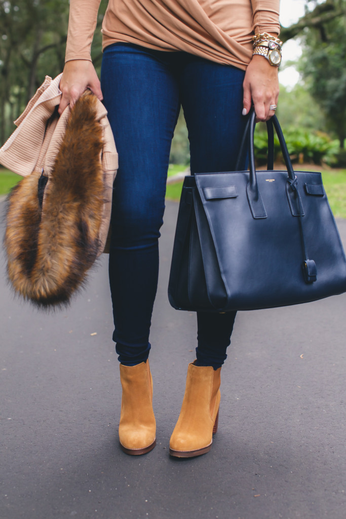 River Island Fur Coat with Saint Laurent Bag and Tan Booties-8