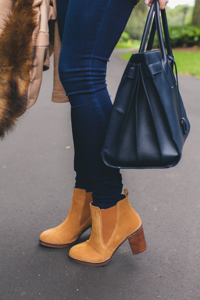 River Island Fur Coat with Saint Laurent Bag and Tan Booties-9