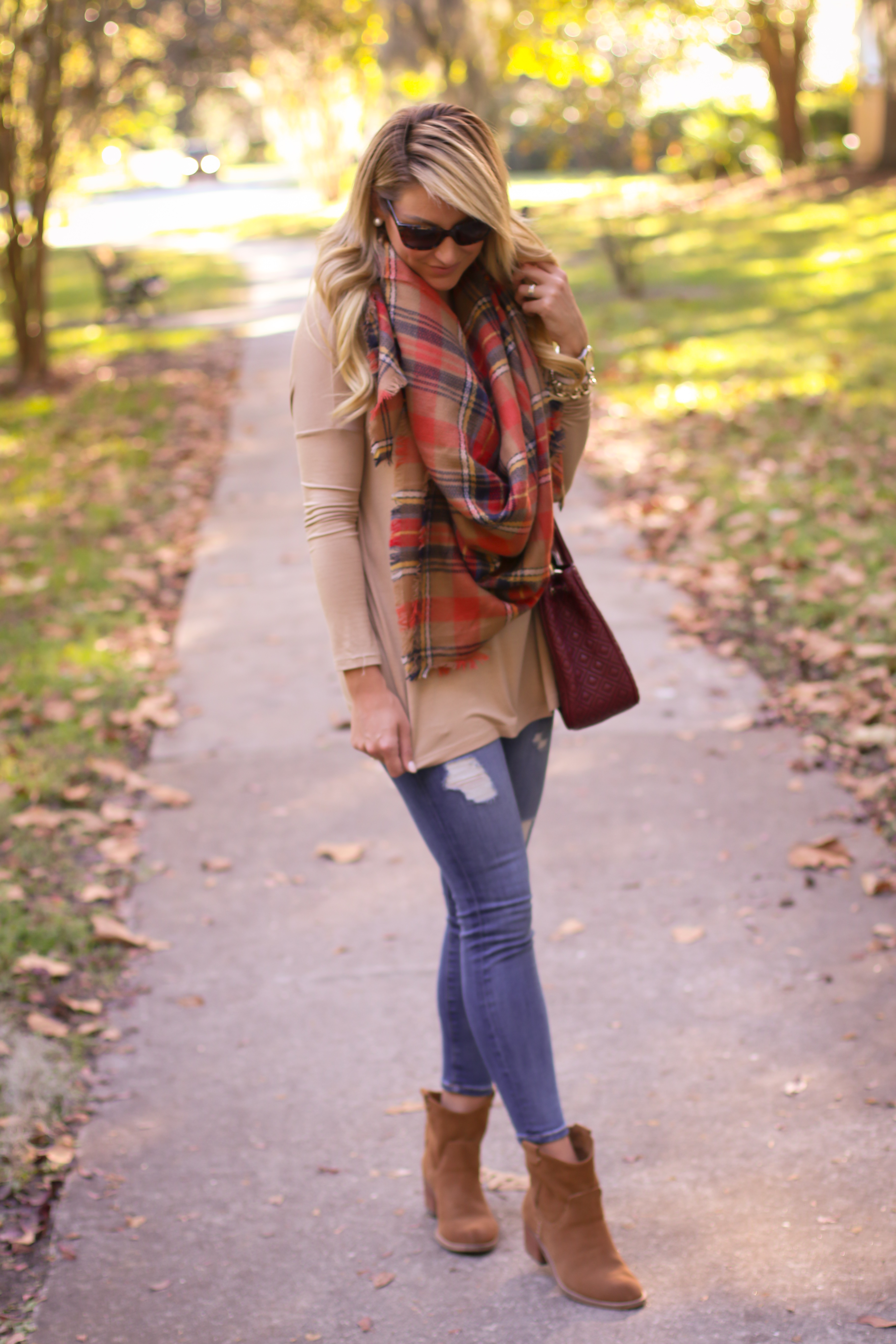 Frye Reina camel leather western booties, Louis Vuitton vintage Passy bag,  SheIn burgundy plaid scarf, plaid scarf with distressed denim and booties  fall outfit - Meagan's Moda