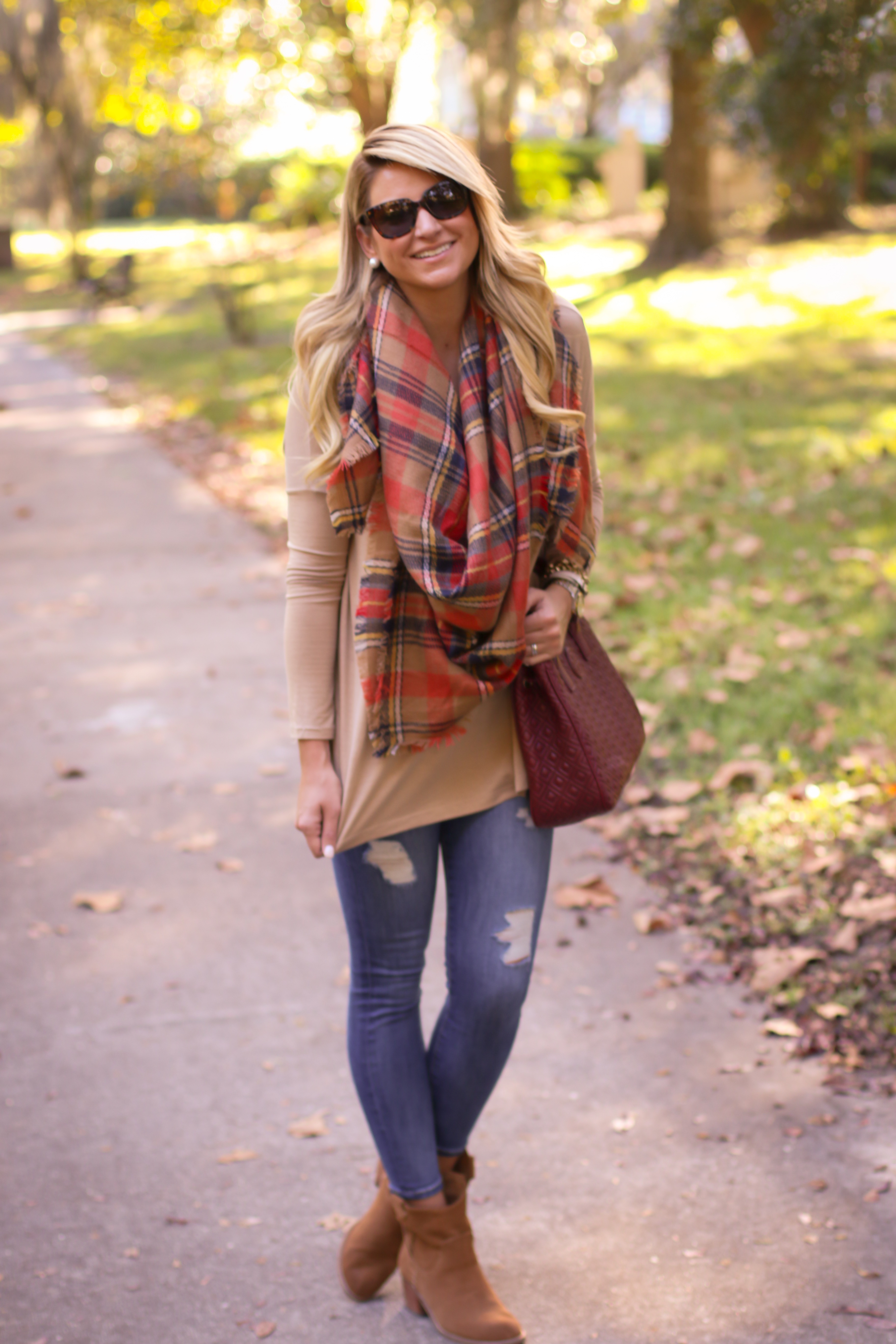 plaid scarf with booties outfit, Frye Jenny cut stud short booties, Louis  Vuitton vintage Passy bag, blanket scarf outfit - Meagan's Moda