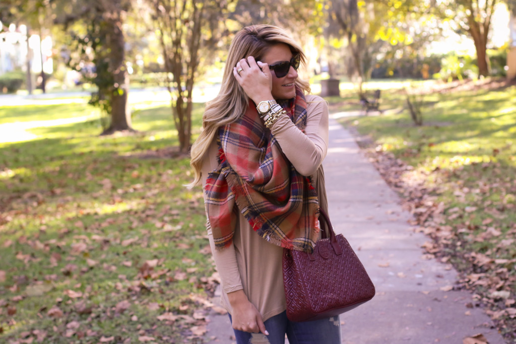 tory burch marion red agate handbag with the perfect plaid scarf nordstrom prada sunglasses with dolce vita grayed boots_-3