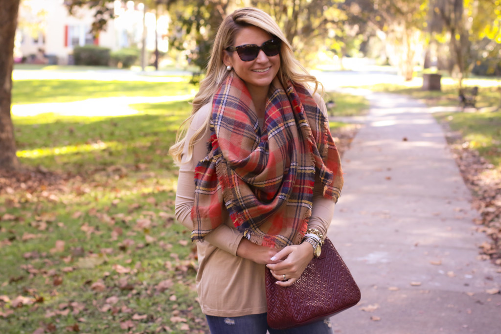 tory burch marion red agate handbag with the perfect plaid scarf nordstrom prada sunglasses with dolce vita grayed boots_-5