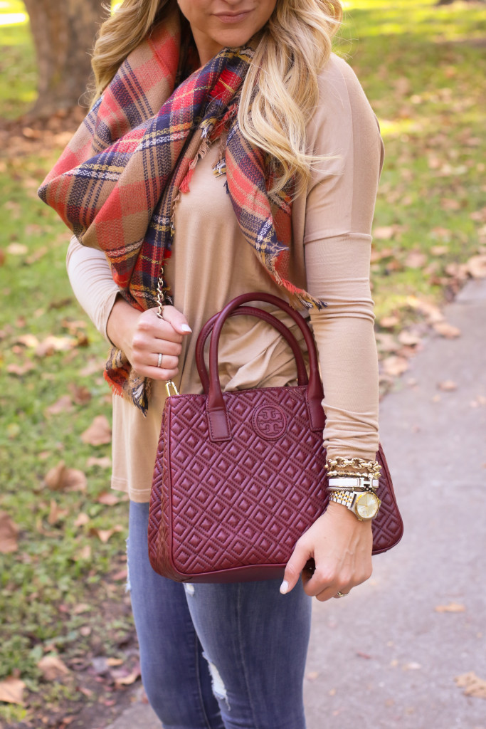 tory burch marion red agate handbag with the perfect plaid scarf nordstrom prada sunglasses with dolce vita grayed boots_-9