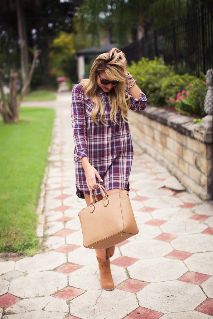 tory burch robinson tote with prada sunglasses and the best fall plaid shirtdress-5