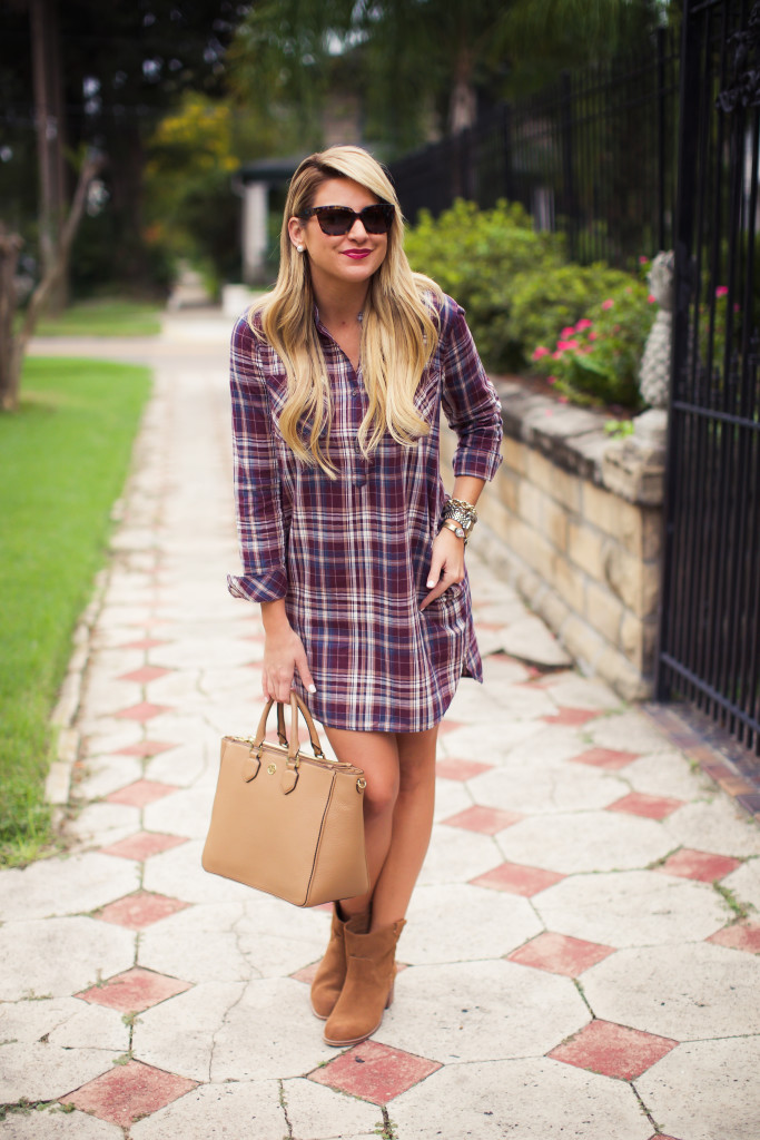 tory burch robinson tote with prada sunglasses and the best fall plaid shirtdress-7