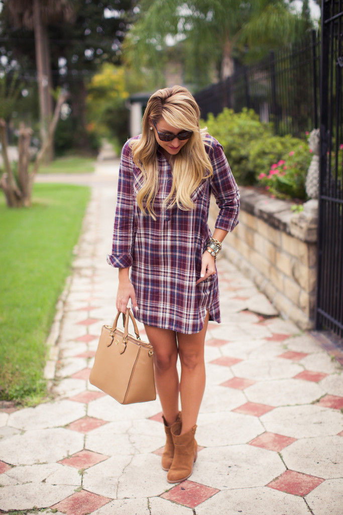 tory burch robinson tote with prada sunglasses and the best fall plaid shirtdress-9