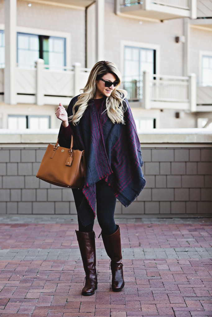 Nordstrom Navy Stripe Plaid Stripe Poncho Cape with Tory Burch Derby Boots at Montage Deer Valley Park City Fashion_-10