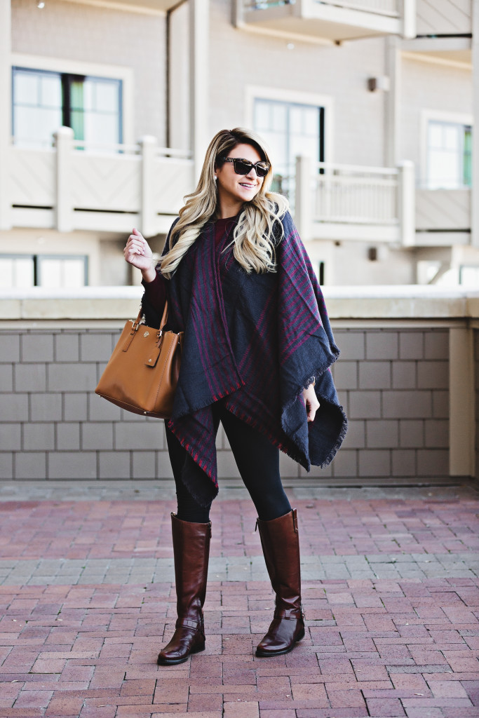 Nordstrom Navy Stripe Plaid Stripe Poncho Cape with Tory Burch Derby Boots at Montage Deer Valley Park City Fashion_-11