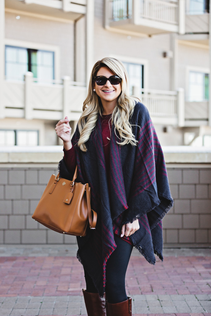 Nordstrom Navy Stripe Plaid Stripe Poncho Cape with Tory Burch Derby Boots at Montage Deer Valley Park City Fashion_-13