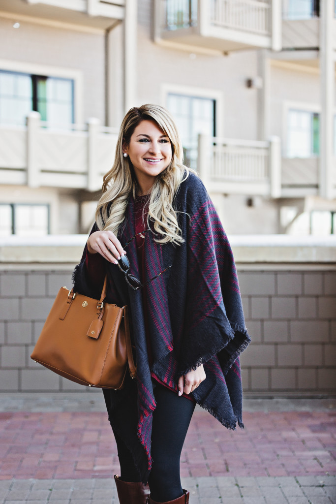 Nordstrom Navy Stripe Plaid Stripe Poncho Cape with Tory Burch Derby Boots at Montage Deer Valley Park City Fashion_-14