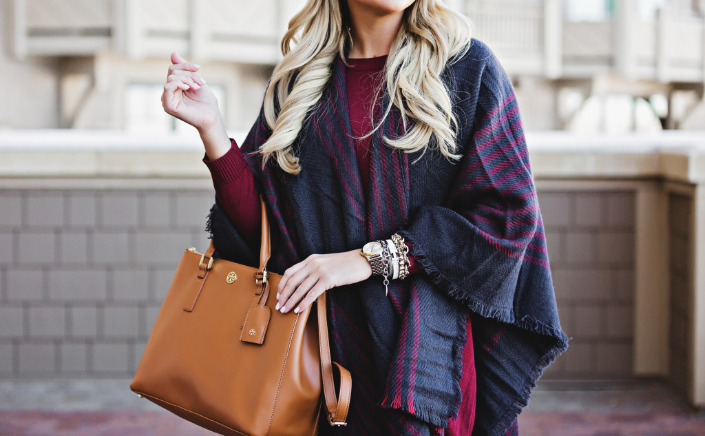 Nordstrom Navy Stripe Plaid Stripe Poncho Cape with Tory Burch Derby Boots at Montage Deer Valley Park City Fashion_-17