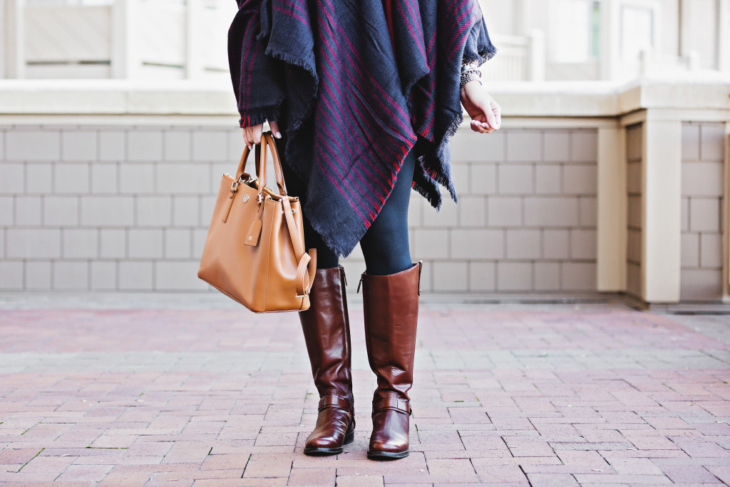 Nordstrom Navy Stripe Plaid Stripe Poncho Cape with Tory Burch Derby Boots at Montage Deer Valley Park City Fashion_-19