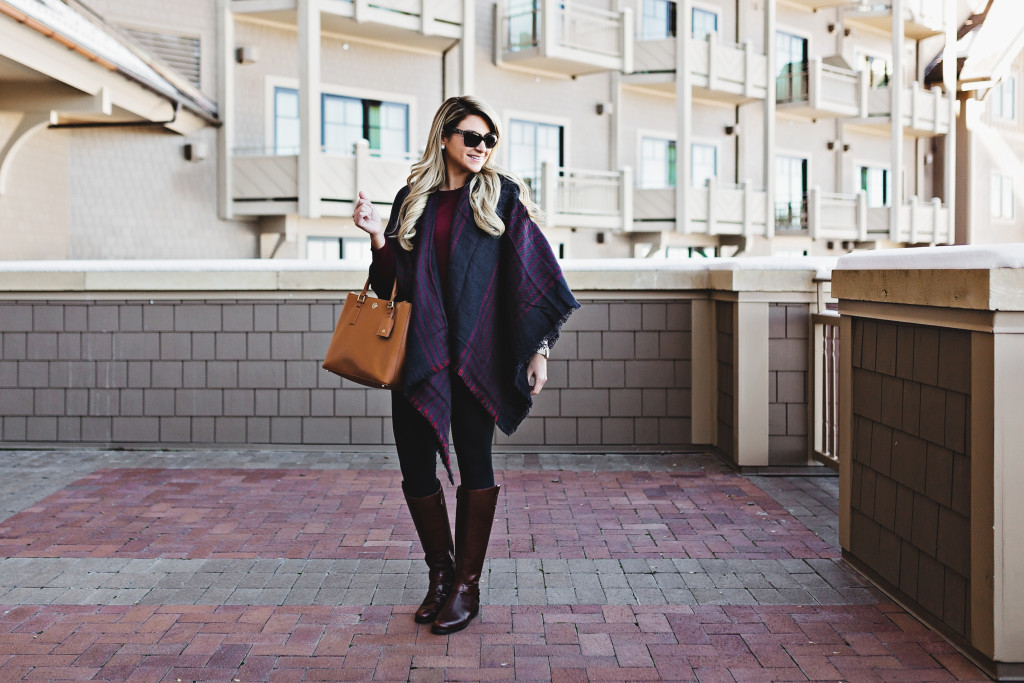 Nordstrom Navy Stripe Plaid Stripe Poncho Cape with Tory Burch Derby Boots at Montage Deer Valley Park City Fashion_-2