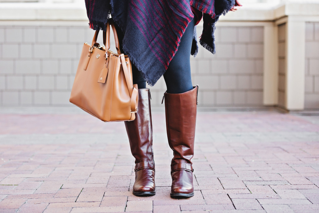 Nordstrom Navy Stripe Plaid Stripe Poncho Cape with Tory Burch Derby Boots at Montage Deer Valley Park City Fashion_-20