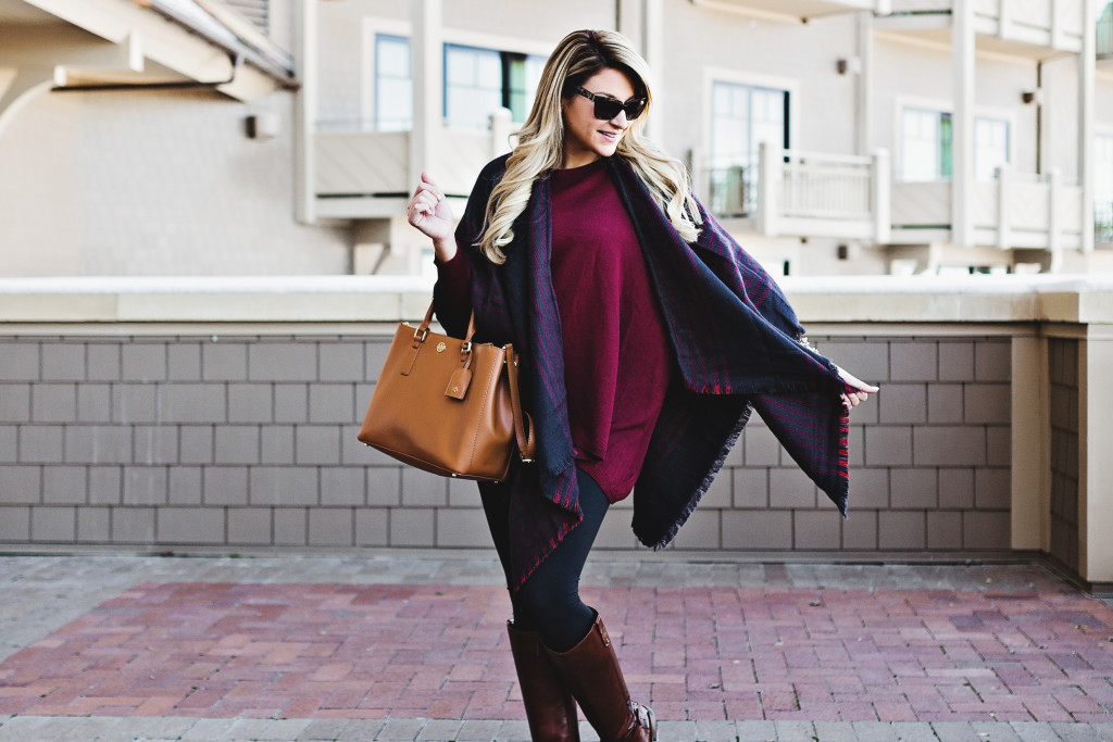 Nordstrom Navy Stripe Plaid Stripe Poncho Cape with Tory Burch Derby Boots at Montage Deer Valley Park City Fashion_-5