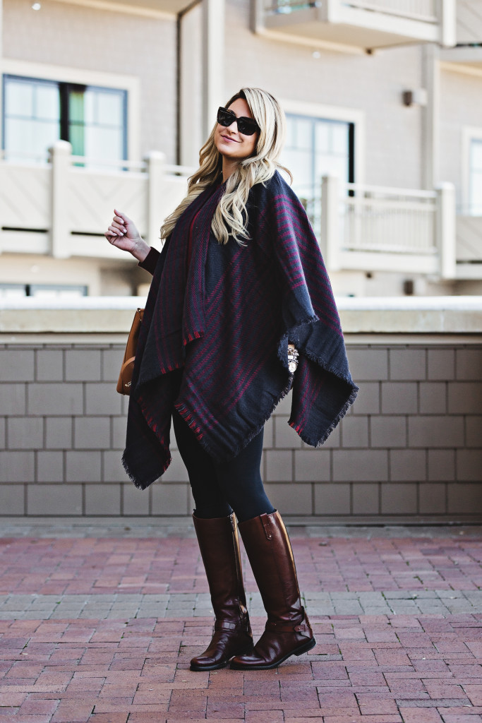 Nordstrom Navy Stripe Plaid Stripe Poncho Cape with Tory Burch Derby Boots at Montage Deer Valley Park City Fashion_-7