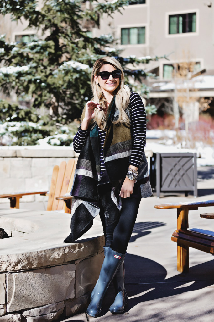 River Island Cape Vest at Montage Deer Valley Outfit Idea with Stripe Shirt Fall Look Hunter Boots-2