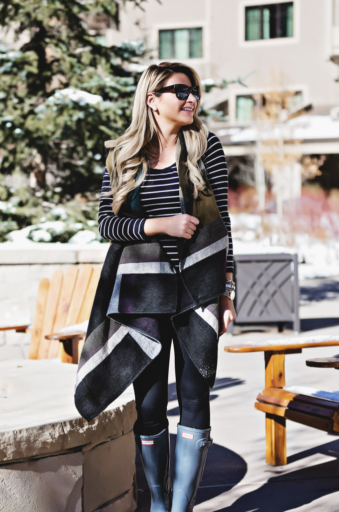 River Island Cape Vest at Montage Deer Valley Outfit Idea with Stripe Shirt Fall Look Hunter Boots-3