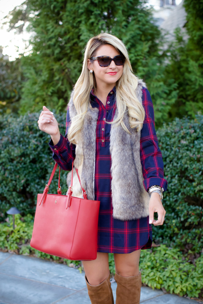 Tobi Plaid Check Dress with Tobi Fur Vest and OTK Boots Tory Burch Bag-10