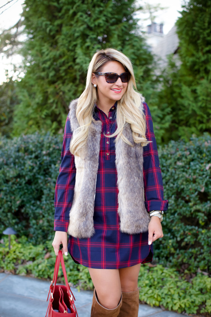 Tobi Plaid Check Dress with Tobi Fur Vest and OTK Boots Tory Burch Bag-11