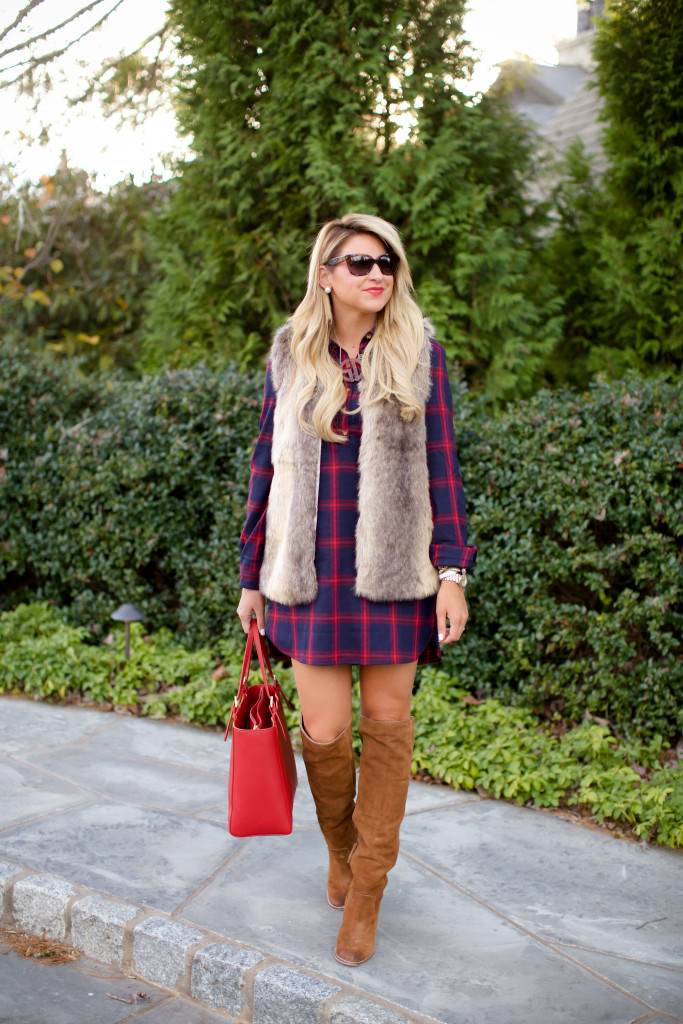 Tobi Plaid Check Dress with Tobi Fur Vest and OTK Boots Tory Burch Bag-2