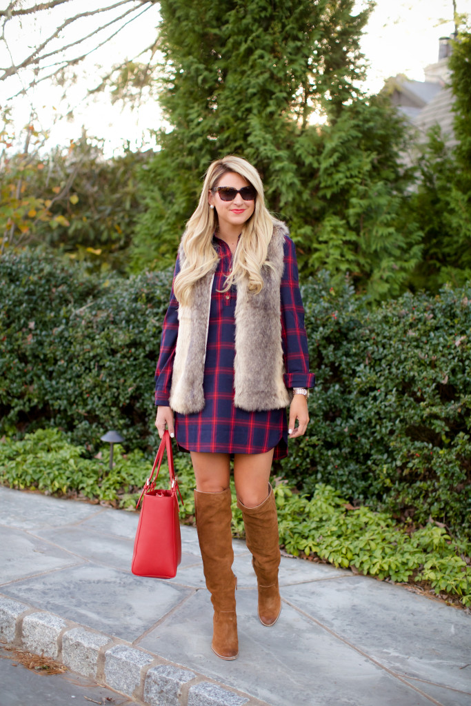 Tobi Plaid Check Dress with Tobi Fur Vest and OTK Boots Tory Burch Bag-7