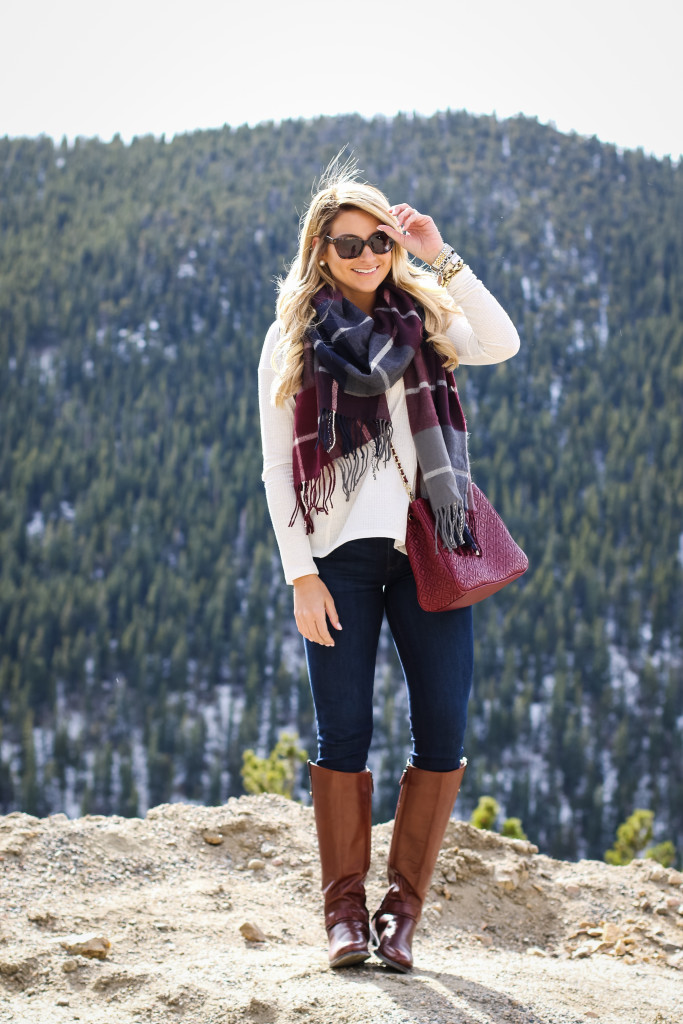 tory burch marion red agate handbag with the perfect plaid scarf nordstrom prada sunglasses with dolce vita grayed boots_